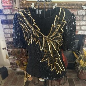 Stenay Vintage Black & Gold Sequin Beaded 100% Silk Evening Top Sz Large Womens